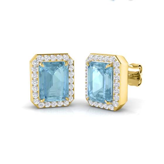 Emerald Aquamarine and Rond Diamond Halo Earrings