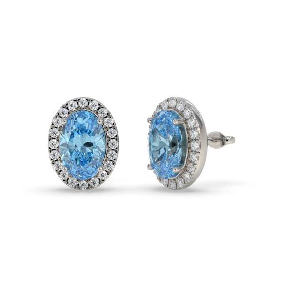 Blue Topaz Oval and Round Diamond Halo Earrings