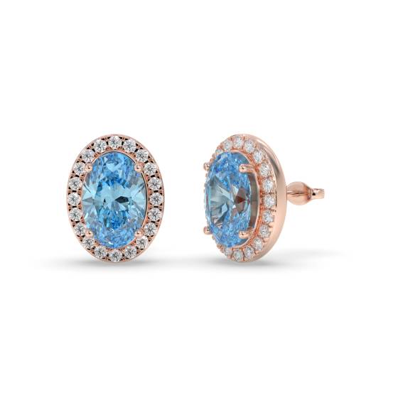 Blue Topaz Oval and Round Diamond Halo Earrings