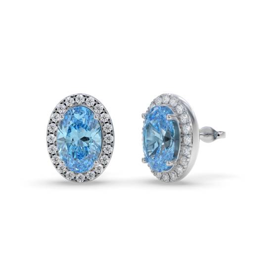 Blue Topaz Oval and Round Diamond Halo Earrings