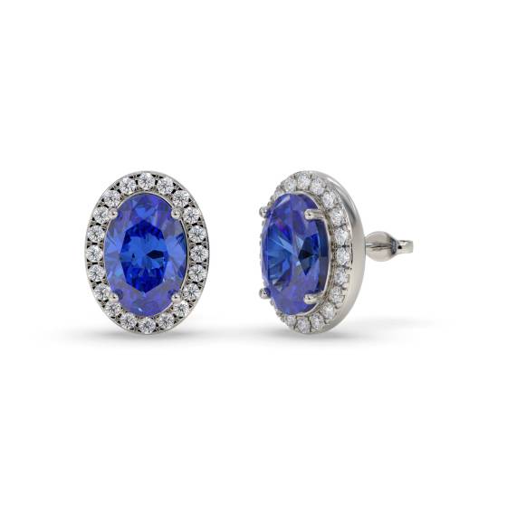 4.00ct VS/E-F Oval Tanzanite and Round Diamond Halo Earrings