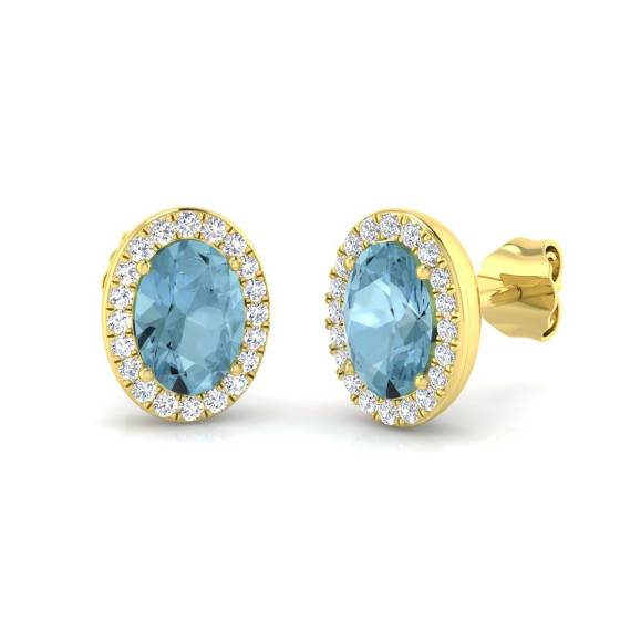 Oval Aquamarine and Round Diamond Halo Earrings