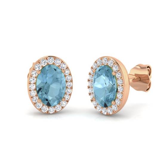 Oval Aquamarine and Round Diamond Halo Earrings