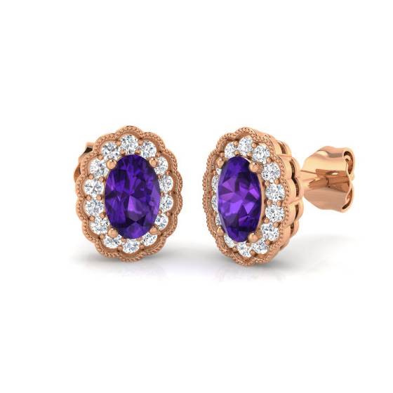 Oval Amethyst and Round Diamond Halo Earrings