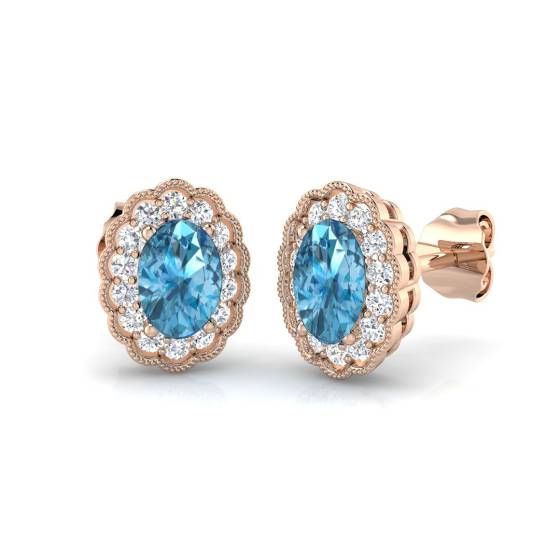 Blue Topaz Oval and Round Diamond Halo Earrings