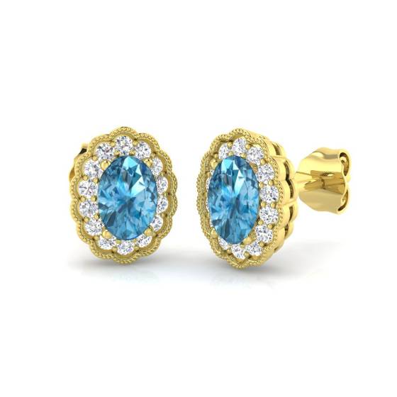 Blue Topaz Oval and Round Diamond Halo Earrings