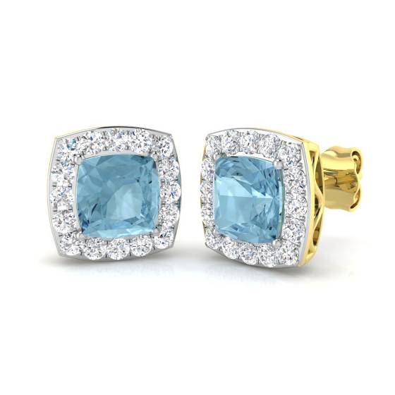 Cushion Aquamarine and Round Diamond Halo Earrings