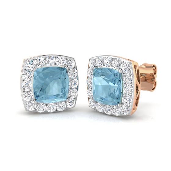 Cushion Aquamarine and Round Diamond Halo Earrings