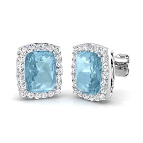 Cushion Aquamarine and Round Diamond Halo Earrings