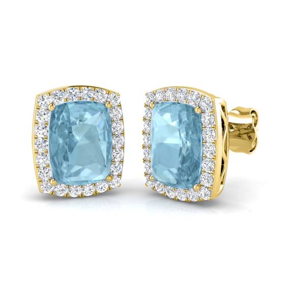 Cushion Aquamarine and Round Diamond Halo Earrings