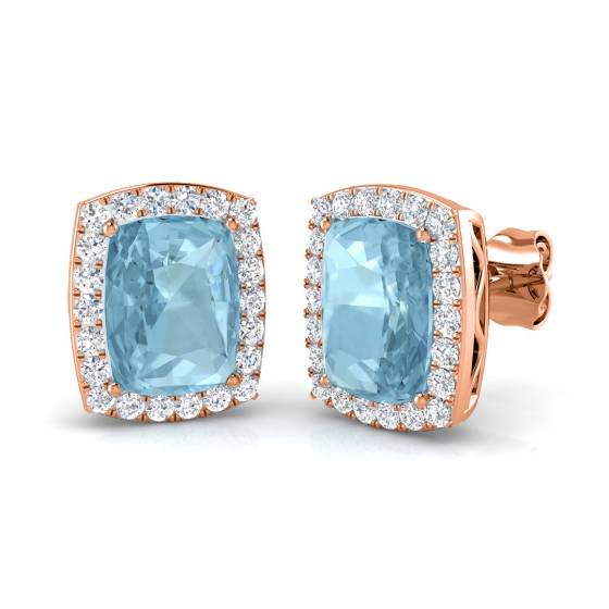 Cushion Aquamarine and Round Diamond Halo Earrings