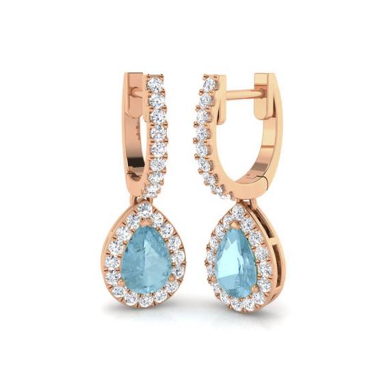 Pear Aquamarine and Round Diamond Halo Drop Earrings