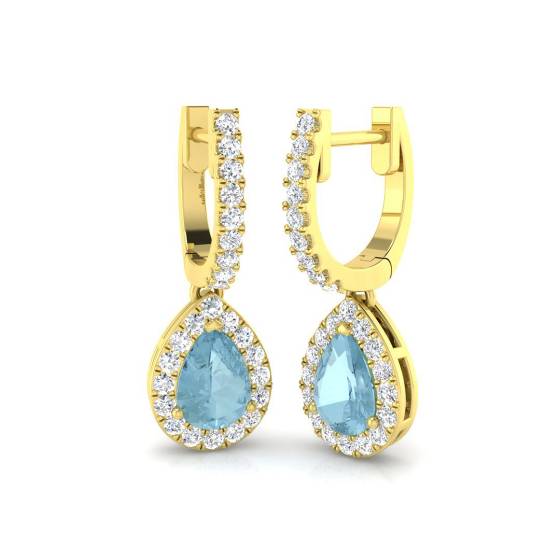 Pear Aquamarine and Round Diamond Halo Drop Earrings