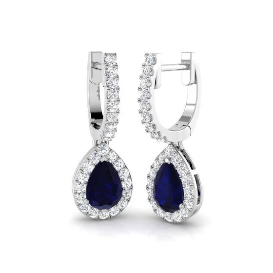 Pear Sapphire and Round Diamond Halo Drop Earrings