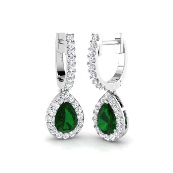 Pear Emerald Gemstone and Round Diamond Halo Drop Earrings