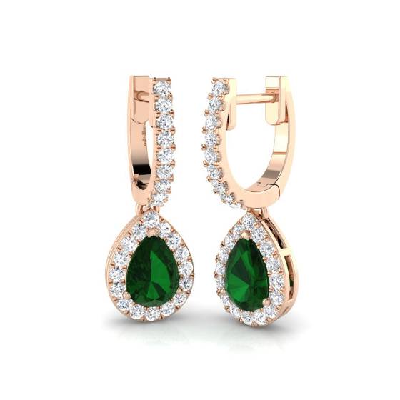 Pear Emerald Gemstone and Round Diamond Halo Drop Earrings