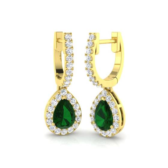 Pear Emerald Gemstone and Round Diamond Halo Drop Earrings