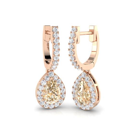 Pear Morganite and Round Diamond Halo Drop Earrings