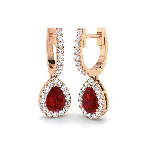 Pear Ruby Gemstone and Round Diamond Halo Drop Earrings