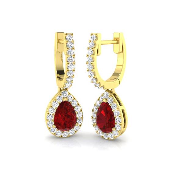 Pear Ruby Gemstone and Round Diamond Halo Drop Earrings