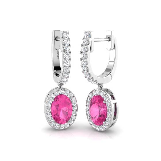 Pink Oval Sapphires and Round Diamond Halo Drop Earrings