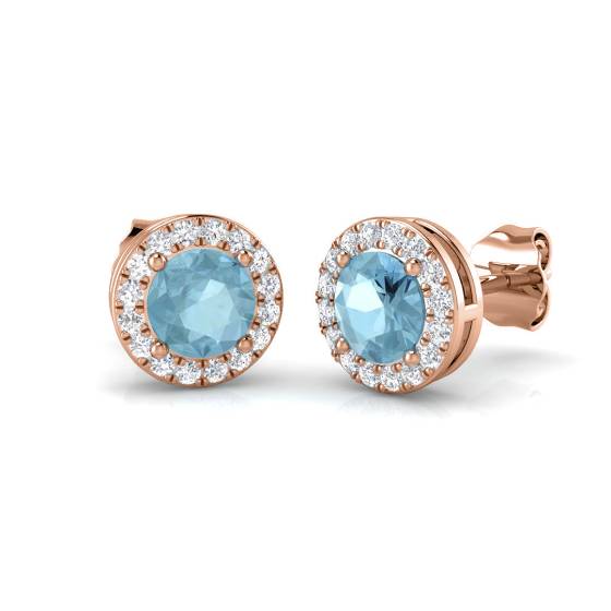 Round Aquamarine and Round Diamond Halo Earrings