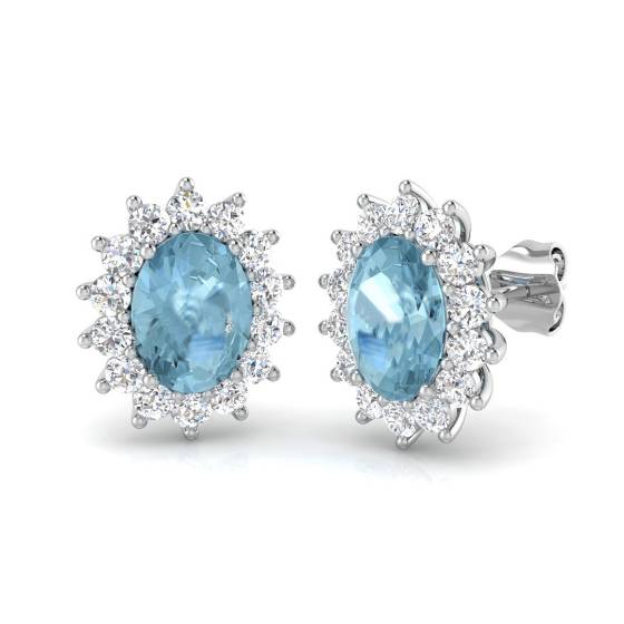 Oval Aquamarine and Round Diamond Halo Earrings
