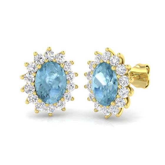 Oval Aquamarine and Round Diamond Halo Earrings