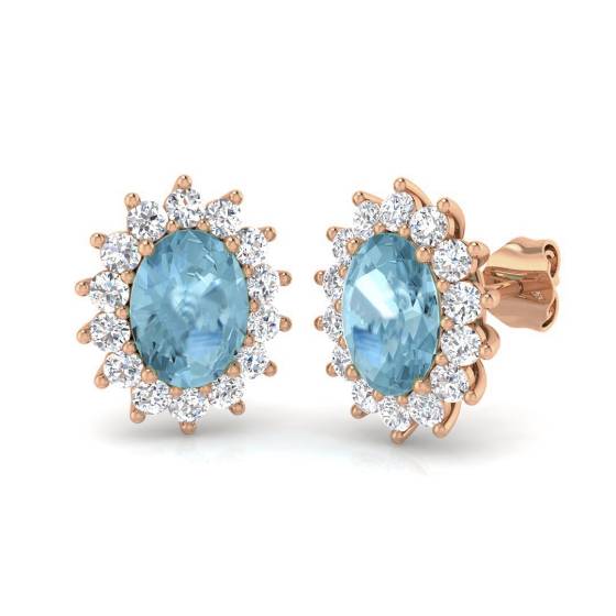 Oval Aquamarine and Round Diamond Halo Earrings