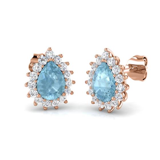 Pear Aquamarine and Round Diamond Halo Earrings