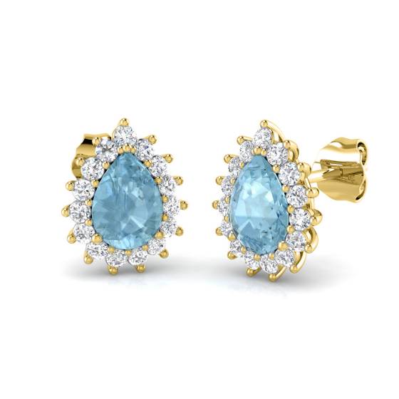 Pear Aquamarine and Round Diamond Halo Earrings
