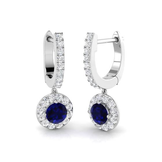 Round Blue Sapphire and Round Diamond Halo Drop Earrings