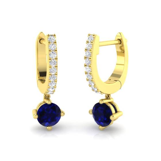 Round Blue Sapphire and Round Diamond Drop Earrings