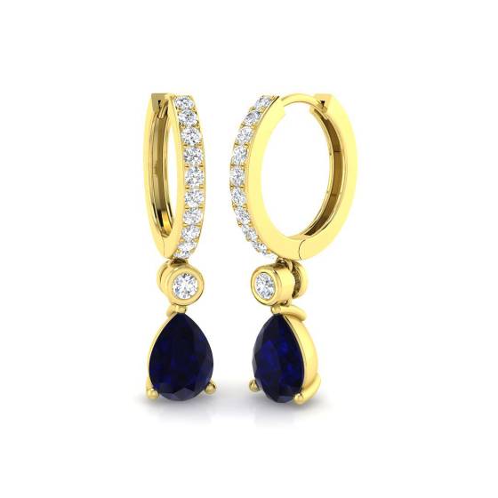 Pear Blue Sapphire and Round Diamond Drop Earrings