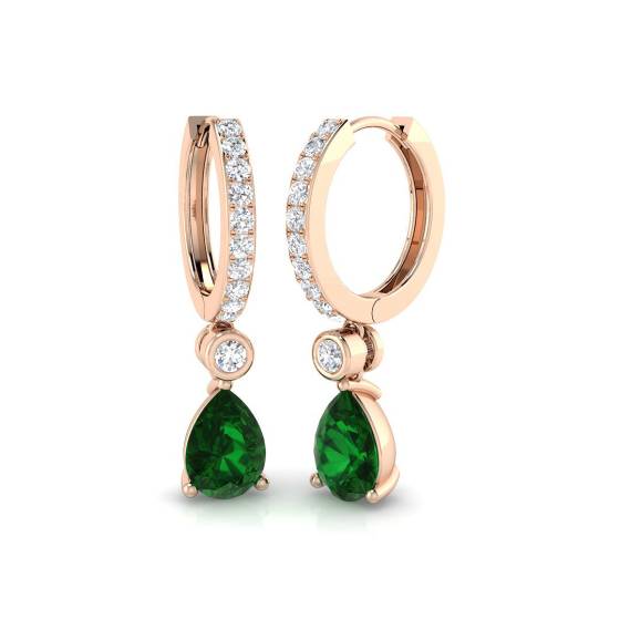 Pear cut Green Emerald and Round Diamond Drop Earrings