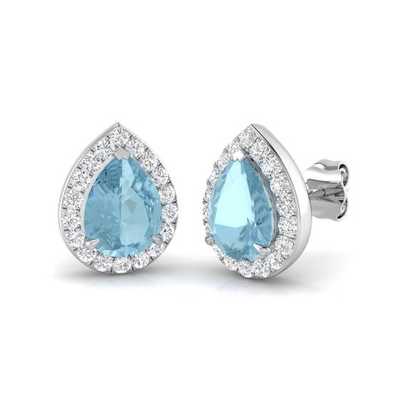 Pear Aquamarine and Round Diamond Halo Earrings