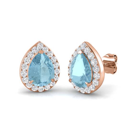 Pear Aquamarine and Round Diamond Halo Earrings