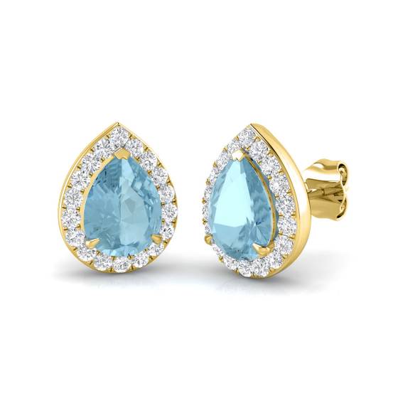 Pear Aquamarine and Round Diamond Halo Earrings