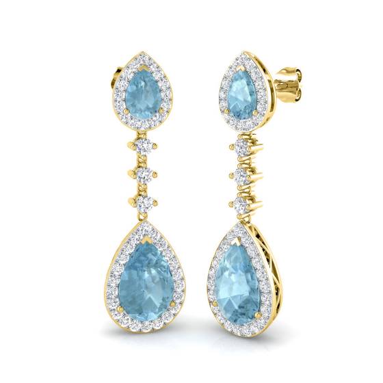 Pear Aquamarine and Round Diamond Halo Drop Earrings