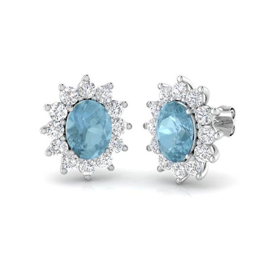 Oval Aquamarine and Round Diamond Halo Earrings