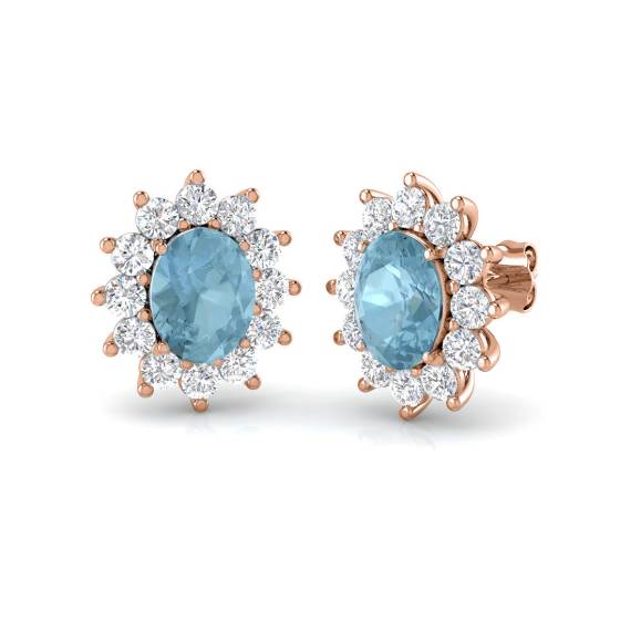 Oval Aquamarine and Round Diamond Halo Earrings