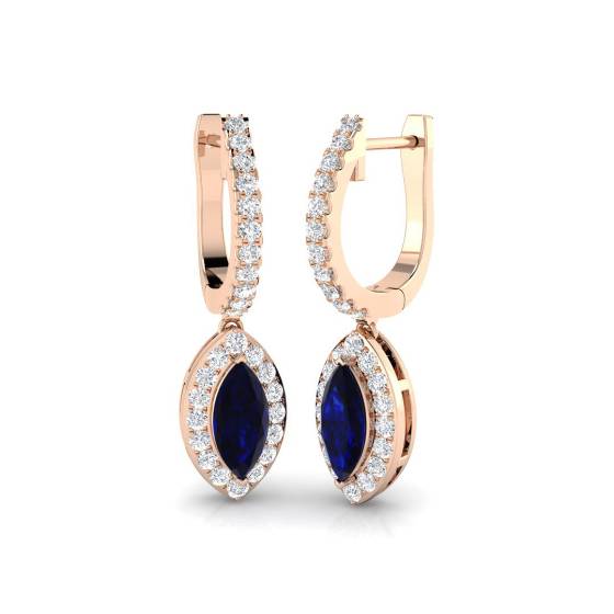 Blue Sapphire Marquise and Round Diamond Halo Drop Earrings
