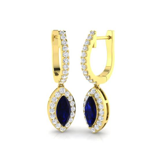 Blue Sapphire Marquise and Round Diamond Halo Drop Earrings