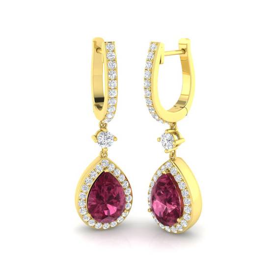 Pear Tourmaline Gemstone and Round Diamond Halo Drop Earrings