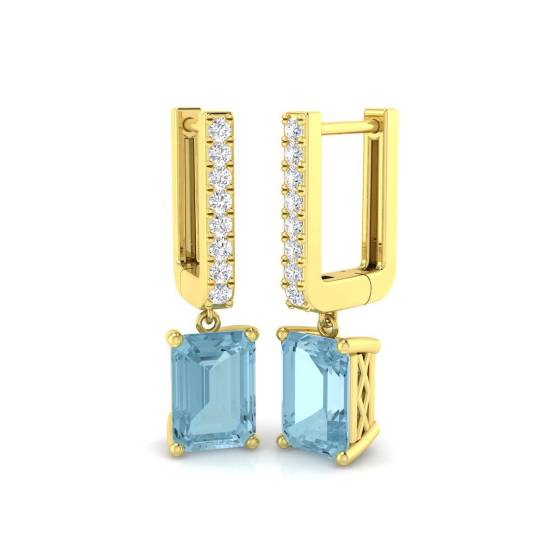 Aquamarine Emerald and Round Diamond Drop Earrings