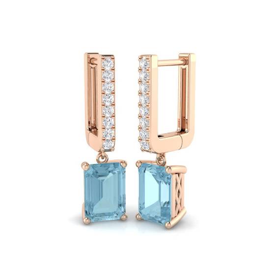 Aquamarine Emerald and Round Diamond Drop Earrings