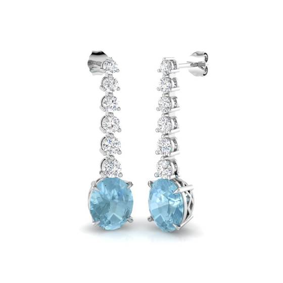 Oval Aquamarine and Round Diamond Drop Earrings