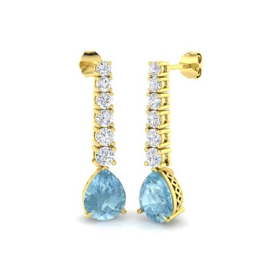 Pear Aquamarine and Round Diamond Drop Earrings