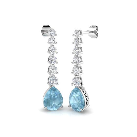 Pear Aquamarine and Round Diamond Drop Earrings