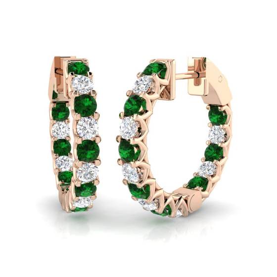 Round Emerald Gemstone and Diamond Hoop Earrings